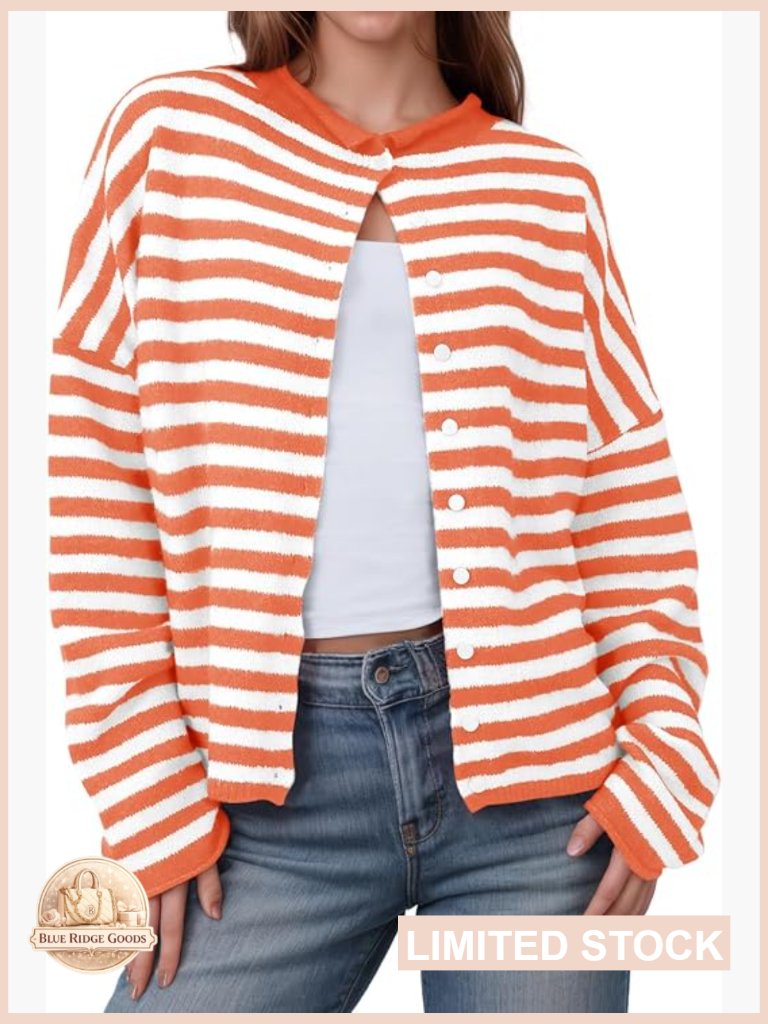 Striped Open Front Cardigan Lightweight Loose Fit Casual Fall Sweater